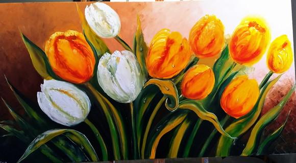Quadros Pintura em Tela Floral Tulípas Amarelas Orvalho
