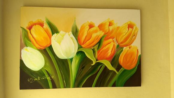 Quadros Pintura em Tela Floral Tulípas Amarelas Orvalho