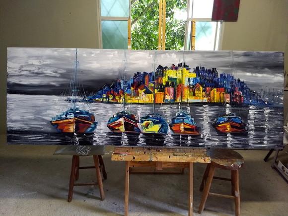 Quadros Pintura em Tela Marina Barcos Itália Black Friday
