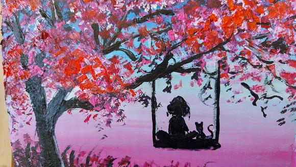 Quadros Pintura em Tela Mulher no Balanço com Gato Árvore