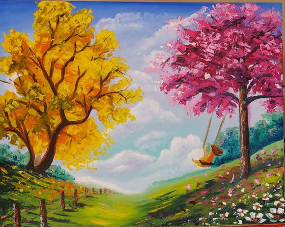 Quadros Pintura em Tela Paisagem Árvores Floridas