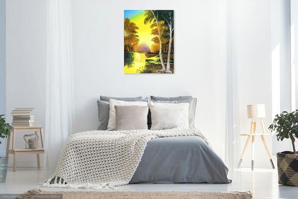 Quadros Pintura em Tela Paisagem Árvores Lago Dourado