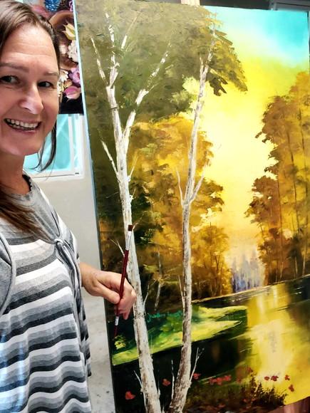 Quadros Pintura em Tela Paisagem Árvores Lago Dourado