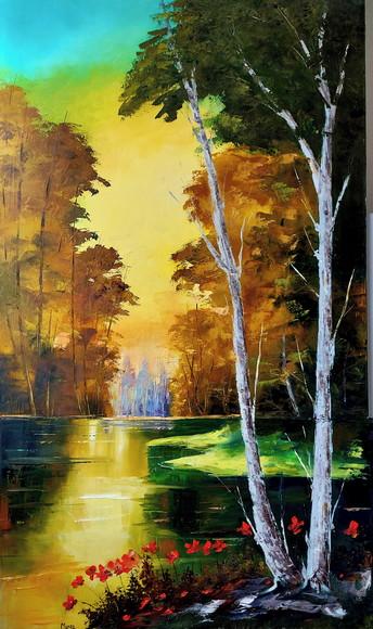 Quadros Pintura em Tela Paisagem Árvores Lago Dourado