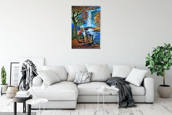 Quadros Pintura em Tela Paisagem Cachoeira Mulher Bike