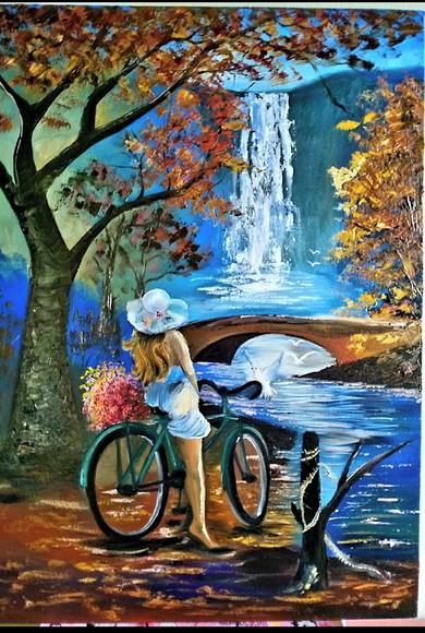 Quadros Pintura em Tela Paisagem Cachoeira Mulher Bike
