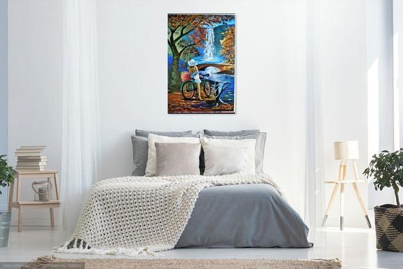 Quadros Pintura em Tela Paisagem Cachoeira Mulher Bike