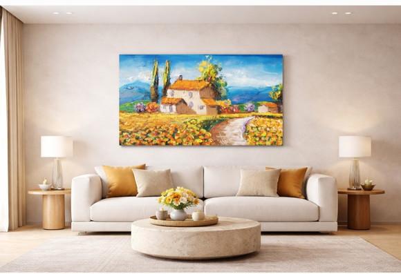 Quadros Pintura em Tela Paisagem Campo de Flores Amarelas