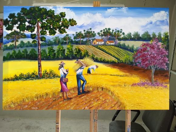 Quadros Pintura em Tela Paisagem Campo Colheita do Trigo