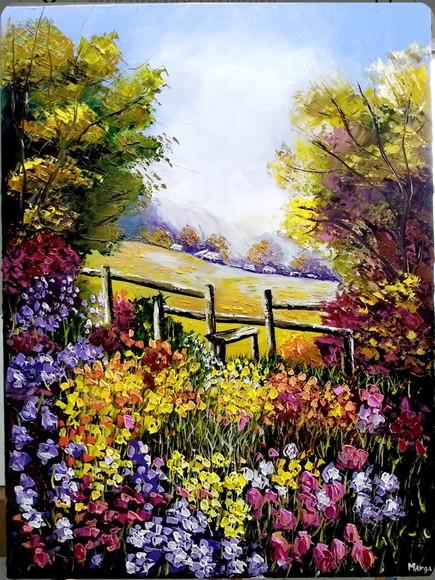 Quadros Pintura em Tela Paisagem Campo de Tulípas Coloridas