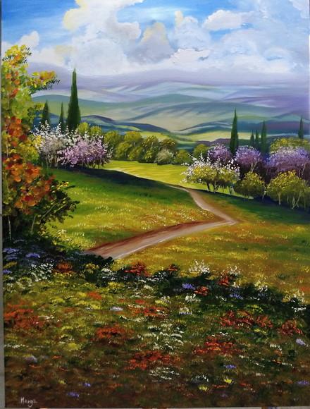 Quadros Pintura em Tela Paisagem Campo Florido Pessegueiro