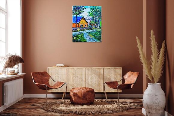 Quadros Pintura em Tela Paisagem Casa Caminho Passarinhos