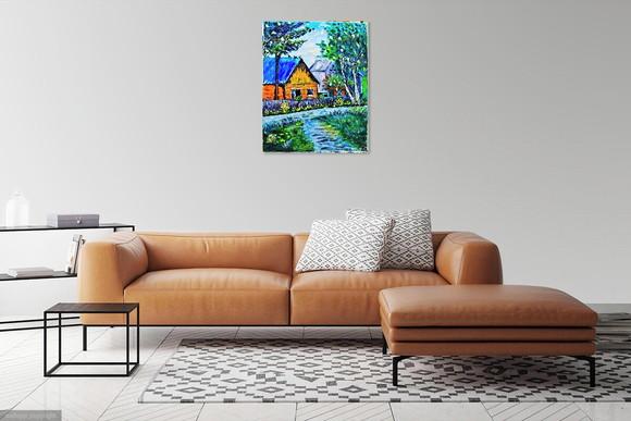 Quadros Pintura em Tela Paisagem Casa Caminho Passarinhos