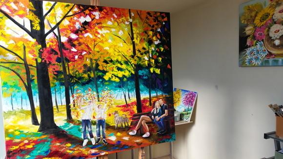 Quadros Pintura em Tela Paisagem Familia Crianças Brincando