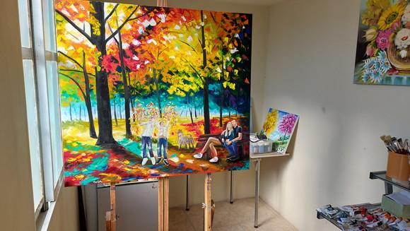 Quadros Pintura em Tela Paisagem Familia Crianças Brincando