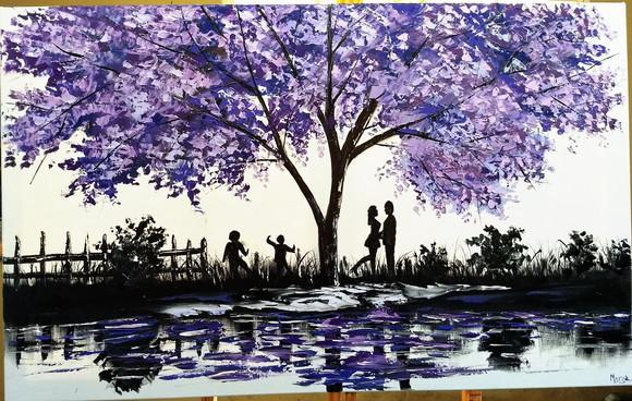 Quadros Pintura em Tela Paisagem Família Divertida Jacarandá