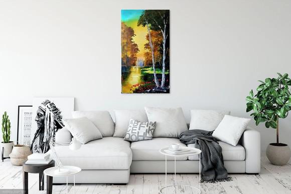 Quadros Pintura em Tela Paisagem Floresta Lago Dourado