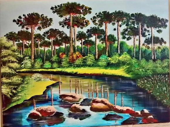 Quadros Pintura em Tela Paisagem Lago com Pedras Pinheiros