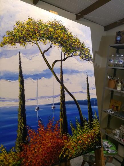 Quadros Pintura em Tela Paisagem Mar Barco a Vela Praia