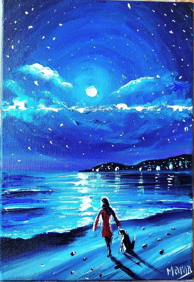 Quadros Pintura em Tela Paisagem Marina Cão Mulher Luar