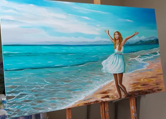 Quadros Pintura em Tela Paisagem Marina Mulher a Beira Mar