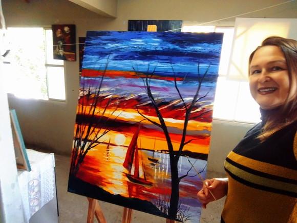 Quadros Pintura em Tela Paisagem Marina Por do Sol no Mar