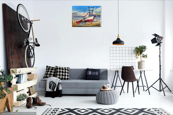 Quadros Pintura em Tela Paisagem Marina Praia Mar Barcos