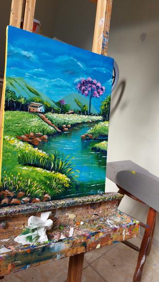 Quadros Pintura em Tela Paisagem Montanhas Ipê Rosa