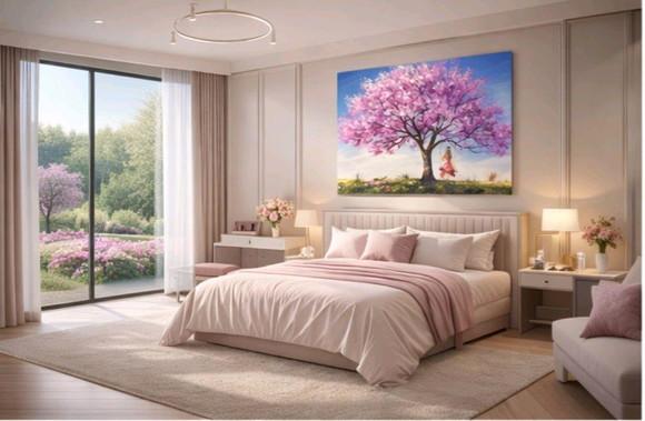 Quadros Pintura em Tela Paisagem Primavera Mulher Balanço