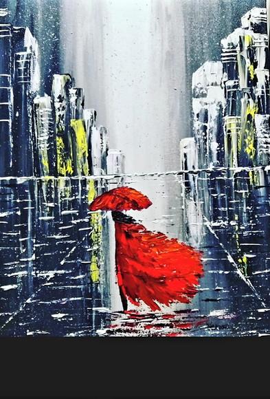 Quadros Pintura em Tela Paisagem Urbana Mulher Red Dress