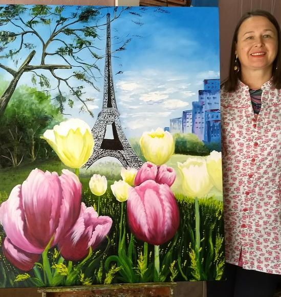 Quadros Pintura em Tela Paisagem Urbana Tulípas Torre Eiffel