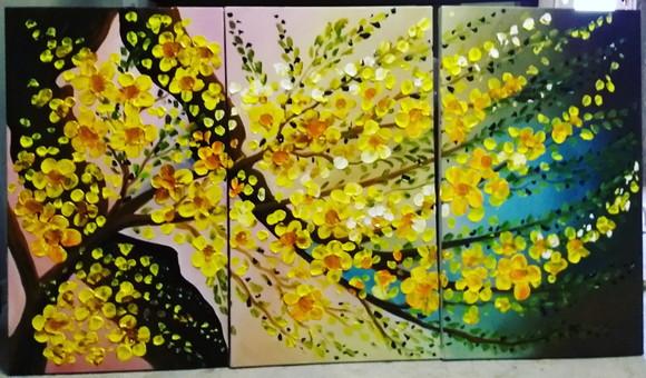 Quadros Pintura em Tela Trio Floral Galho de Flores Amarelas