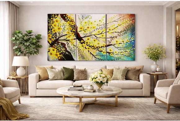 Quadros Pintura em Tela Trio Floral Galho de Flores Amarelas