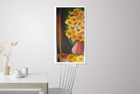 Quadros Pintura Flores Amarelas Vaso de Barro Black Friday