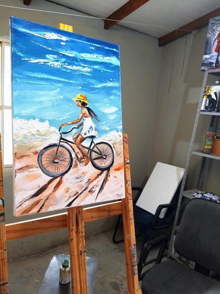 Quadros Pintura Mar Pedalando na Praia Presente de Natal