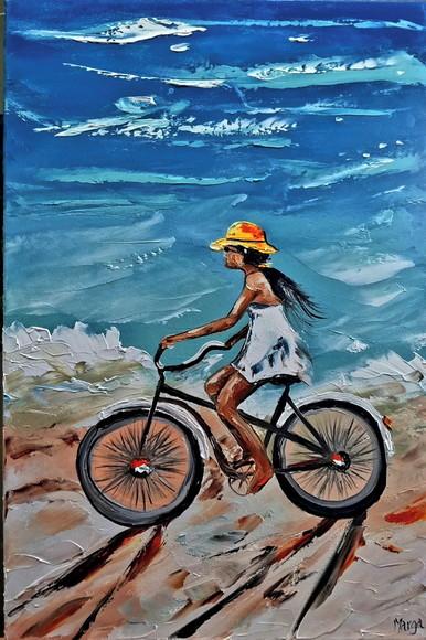 Quadros Pintura Mar Pedalando na Praia Presente de Natal