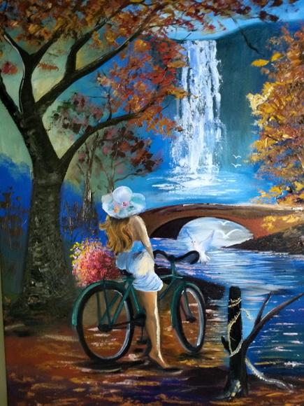 Quadros Pintura Paisagem Cachoeira Mulher Bike Black Friday