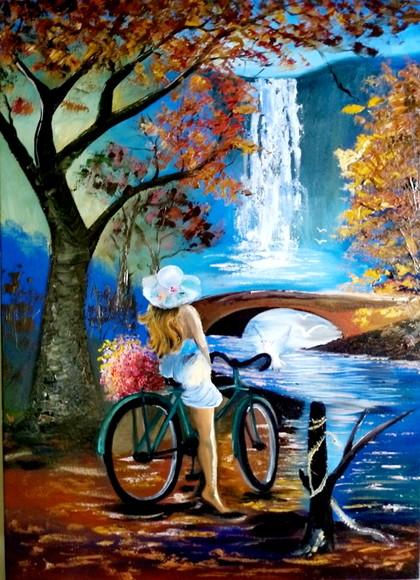 Quadros Pintura Paisagem Cachoeira Mulher Bike Black Friday