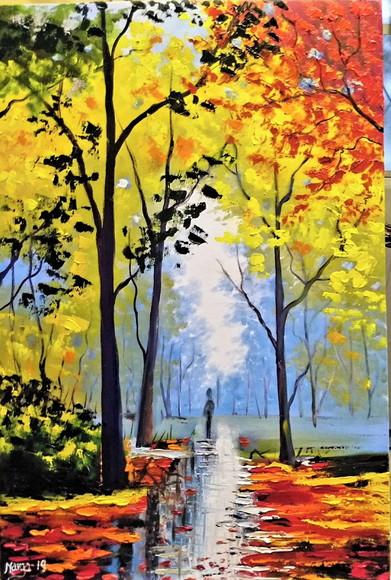 Quadros Pintura Paisagem Caminhada na Floresta Black Friday