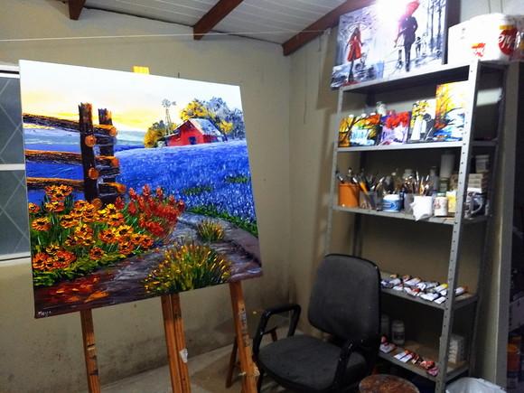Quadros Pintura Paisagem Campo de Flores Azuis Black Friday