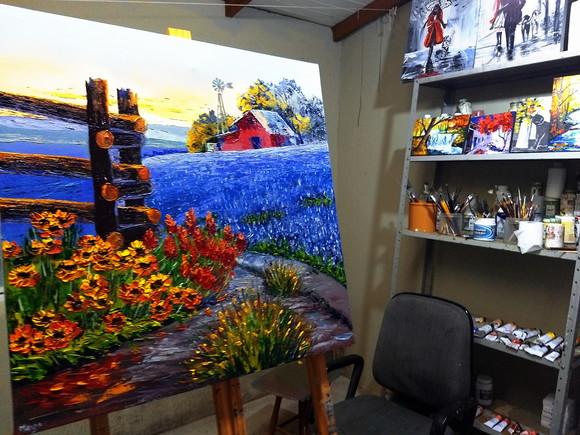 Quadros Pintura Paisagem Campo de Flores Azuis Black Friday