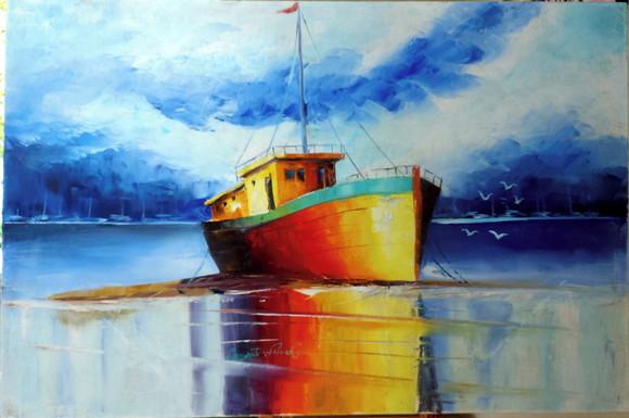 Quadros Pintura Paisagem Marina Barco Ancorado Black Friday