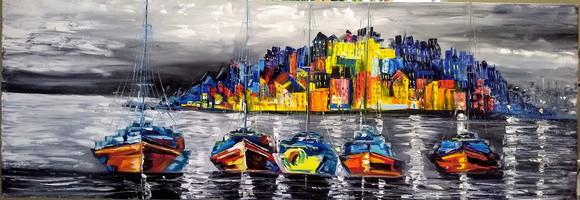 Quadros Pintura Paisagem Marina Barcos Itália Black Friday