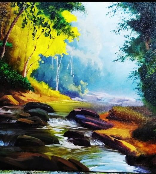 Quadros Pintura Paisagem Riacho Lage de Pedra Black Friday