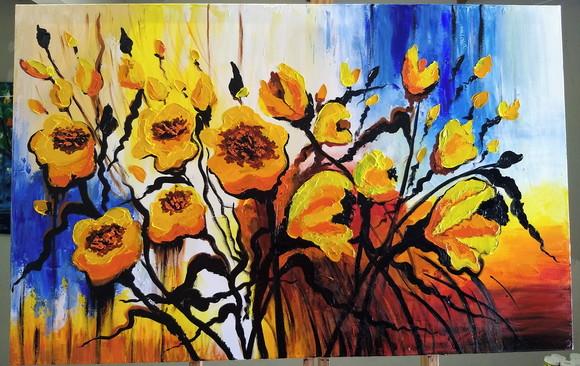 Quadros Pintura Tela Floral Abstrato Moderno Flores Amarelas