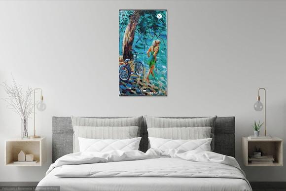 Quadros Pintura Tela Mulher na Praia Bicicleta Black Friday