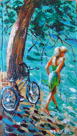 Quadros Pintura Tela Mulher na Praia Bicicleta Black Friday