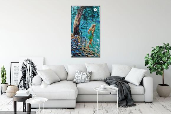 Quadros Pintura Tela Mulher na Praia Bicicleta Black Friday