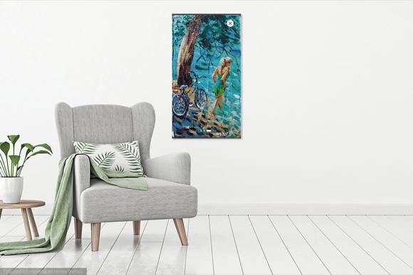 Quadros Pintura Tela Mulher na Praia Bicicleta Black Friday