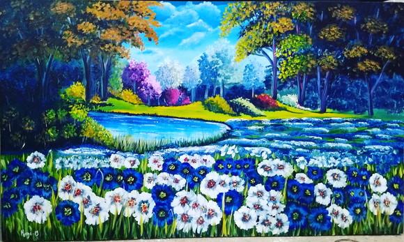 Quadros Pintura Tela Paisagem Campo Florido Relva Perfumada